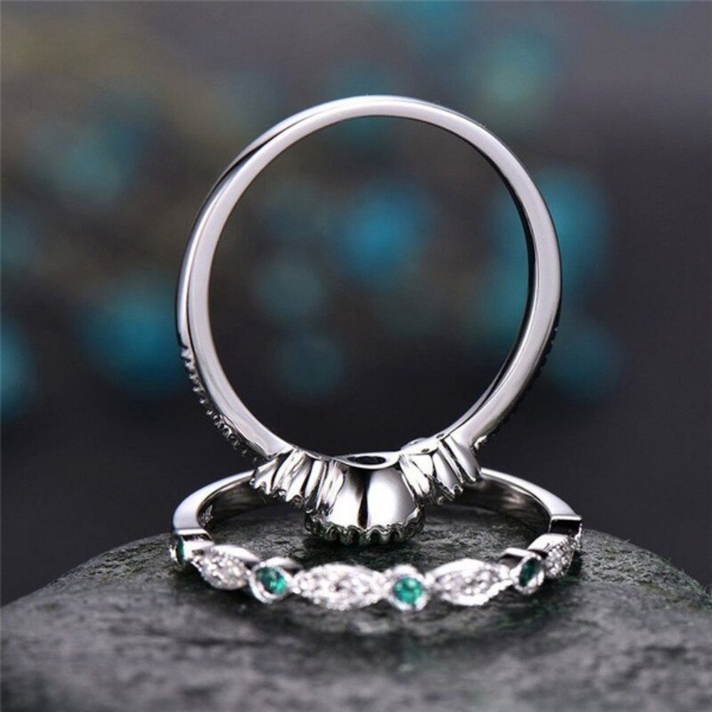 *NEW 925 Sterling Silver Emerald Diamond Ring Set - Picture 4 of 4